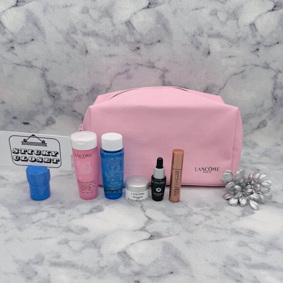 Lancome Beauty Gift Set-Light Pink PouchMascaraEyeSerumTonerRemover-6pc-NEW